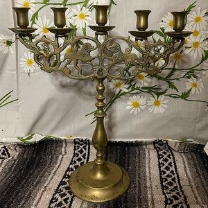 Antique Qing Dynasty Chinese Foo dog brass five candle candelabra candle holder